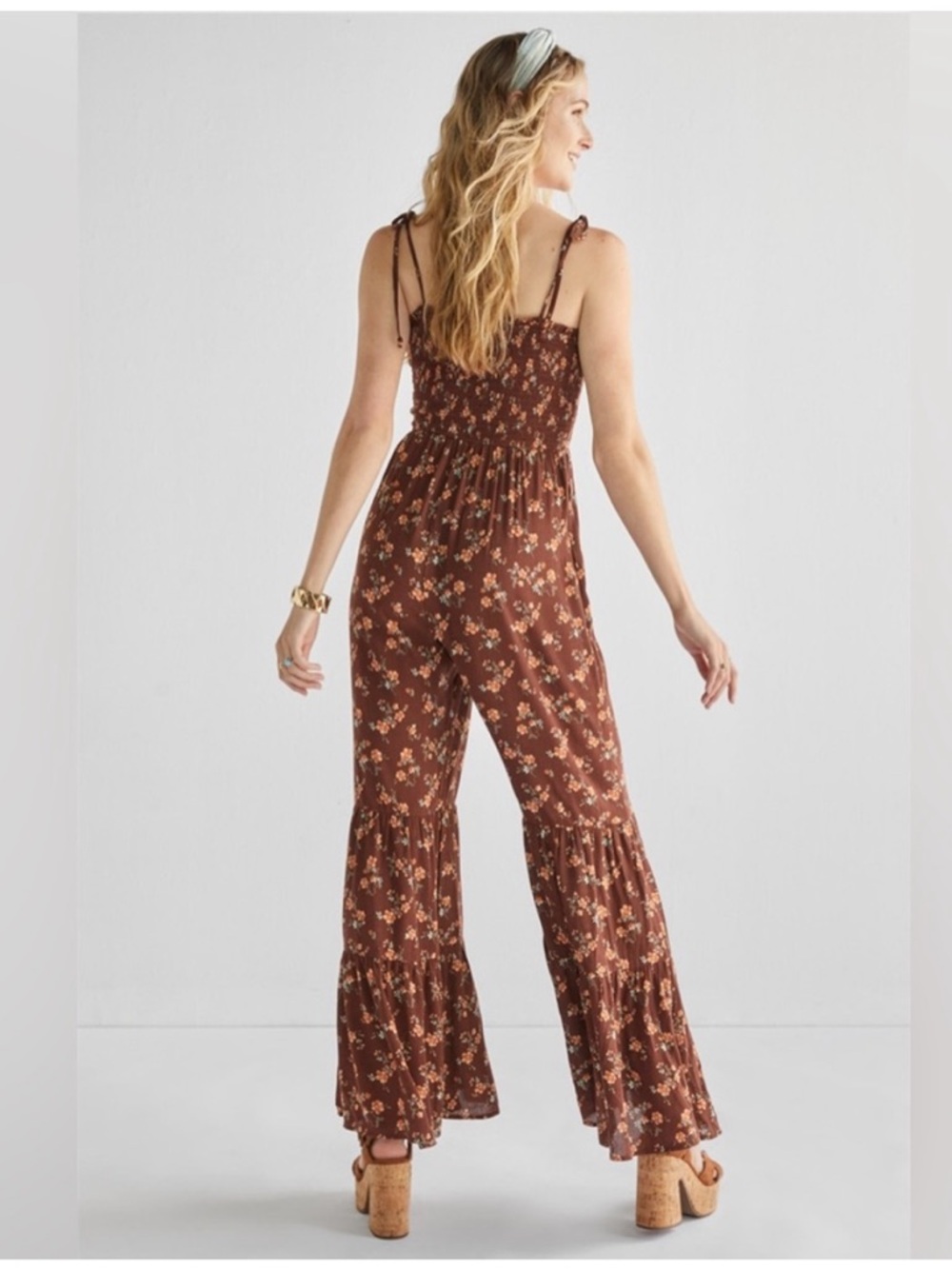 AUDREY PARKS + Francesca’s Jumpsuit Brown Flared Bell Bottom Floral Sz XL